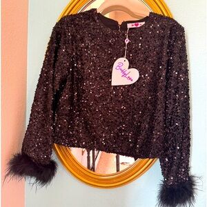 NWT Buddy Love Sequin Top With Feathers